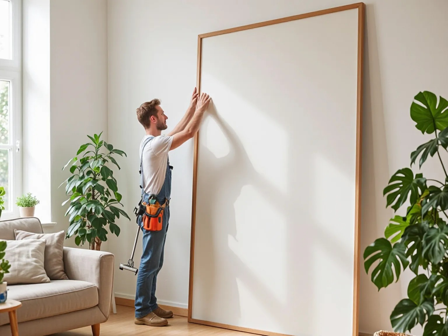 Handyman hanging a frame